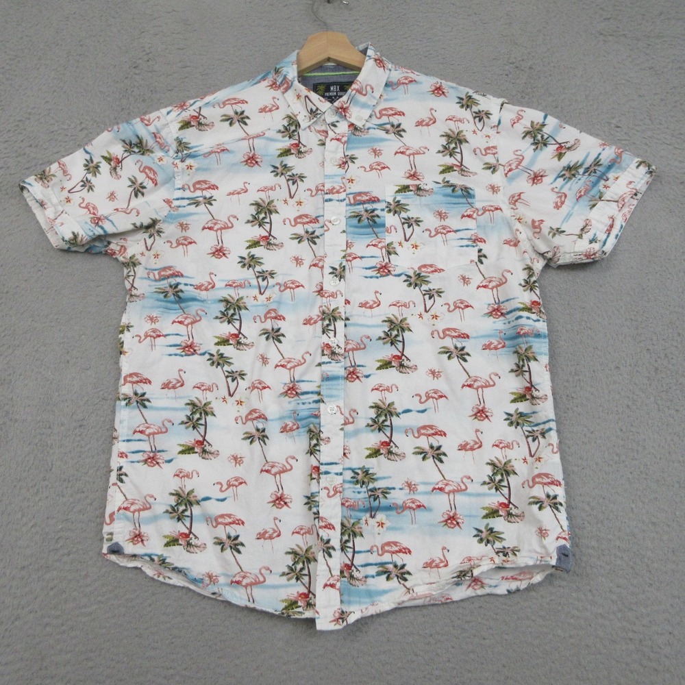 MBX Premium Goods Hawaiian Shirt Mens L White Flamingo Palm Tree Tropical Beach